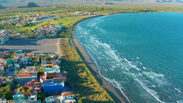 LORETO BCS MEXICO-2020: Panning View of Colorful Coastal Town and Ocean