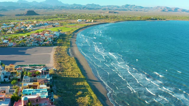 LORETO BCS MEXICO-2020: Coastal Town and Sandy Beach with Ocean Waves