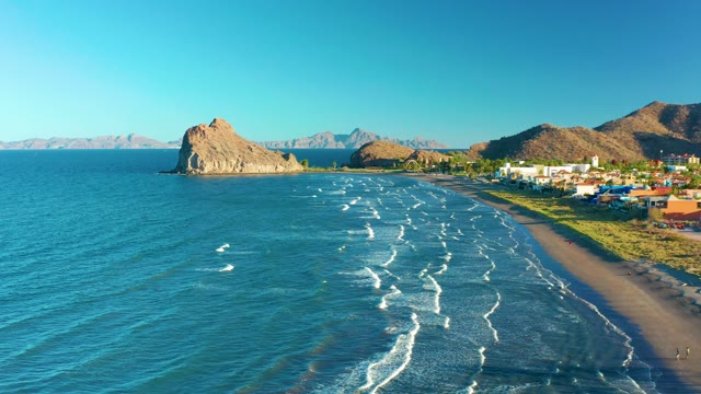 LORETO BCS MEXICO-2020: Waves Rolling Toward Sandy Shore From Above