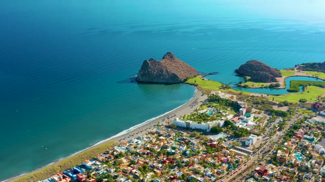 LORETO BCS MEXICO-2020: Aerial View of Coastal Town and Ocean Rocks