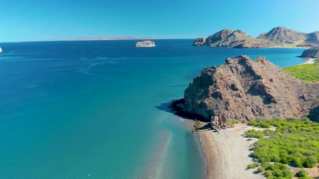 LIGUI BCS MEXICO-2020: Boat Gliding Past Rocky Coastline and Beach