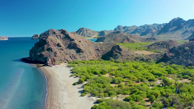 LIGUI BCS MEXICO-2020: Sandy Beach with Rocky Cliffs and Lush Greenery