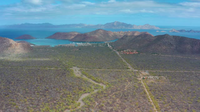 PUERTO ESCONDIDO BCS MEXICO-2020: Arid Coastal Landscape with Mountainous Bay and Winding Road
