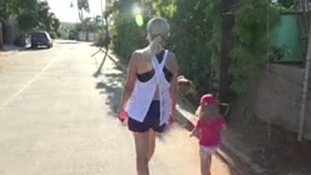 GRAND JUNCTION COLORADO-2017: Blonde Mother and Daughter Walking the Dog