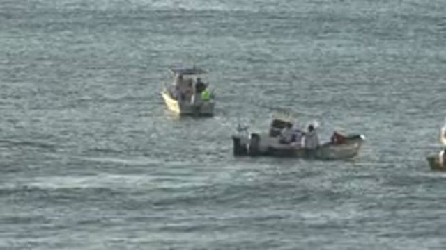 GRAND JUNCTION COLORADO-2017: Four Fishing Boats With Outboard Motors Bob In The
