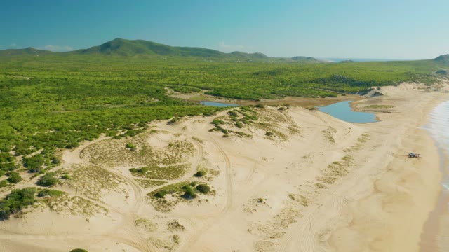 LAGUNA BEACH LOS CABOS BCS MEXICO-2021: Vehicle Moving Along Sandy Beach Near Dunes and Forest