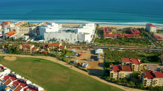 SAN JOSE DEL CABO BCS MEXICO-2021: Panning View of Coastal Buildings and Beach