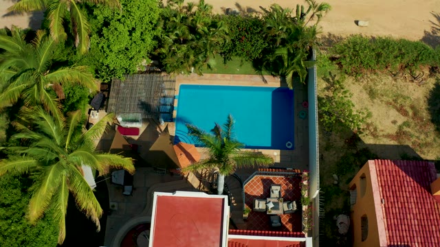 SAN JOSE DEL CABO BCS MEXICO-2021: Overhead View of Pool and Palm Trees with Shifting Shadows