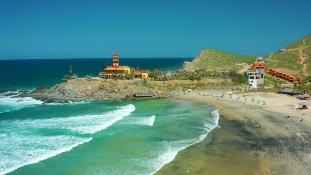 CERRITOS BEACH BCS MEXICO-2021: Beachgoers and Ocean Waves at a Sandy Shore