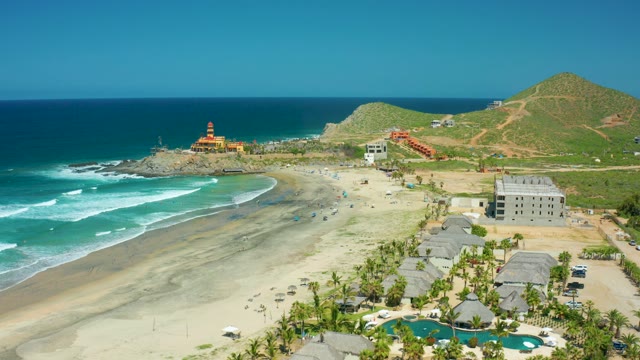 CERRITOS BEACH BCS MEXICO-2021: Beachgoers Relaxing by Ocean Waves with Lighthouse