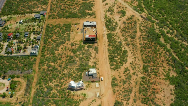 CERRITOS BEACH BCS MEXICO-2021: Aerial View of Desert Road with Moving Structures