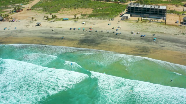 CERRITOS BEACH BCS MEXICO-2021: Waves Rolling Onto a Sandy Beach with Beachgoers
