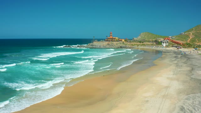 CERRITOS BEACH BCS MEXICO-2021: Waves Crashing on Sandy Beach with Lighthouse