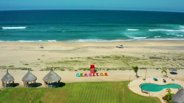 CERRITOS BEACH BCS MEXICO-2021: Aerial Ascent over Sandy Beach and Ocean Waves