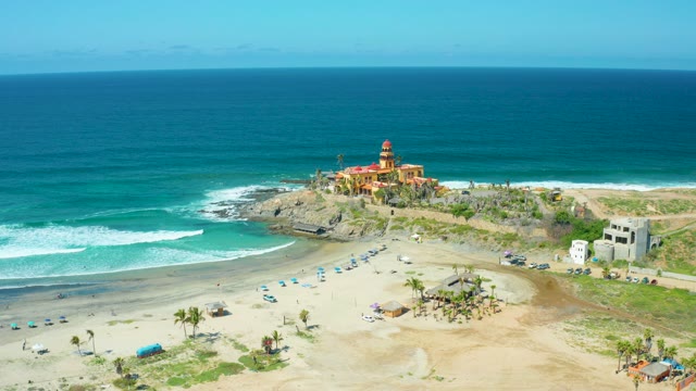 CERRITOS BEACH BCS MEXICO-2021: Ocean Waves Crashing on Beach with Lighthouse