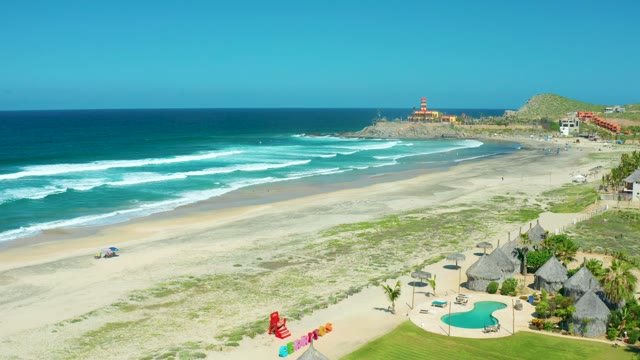 CERRITOS BEACH BCS MEXICO-2021: Sandy Beach with Ocean Waves and Lifeguard Umbrella