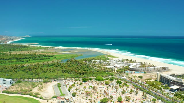 SAN JOSE DEL CABO BCS MEXICO-2021: Boat Traveling Along Coastal Shoreline From Above