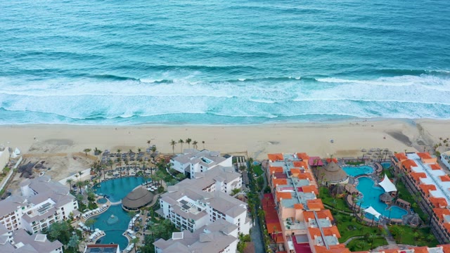 SAN JOSE DEL CABO BCS MEXICO-2021: Aerial Pan of Beachfront Resort Complex