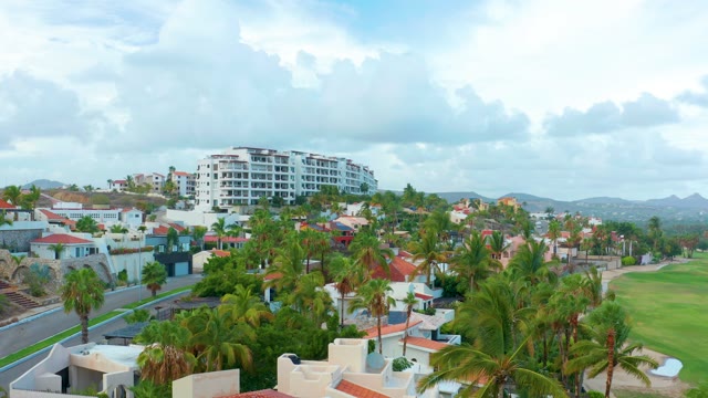 SAN JOSE DEL CABO BCS MEXICO-2021: Panning View of Palm Tree-lined Residential Neighborhood