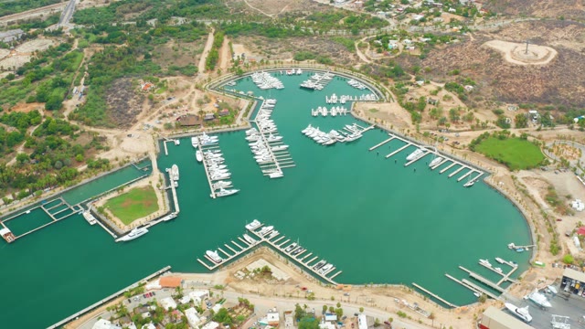 LA PLAYITA LOS CABOS MEXICO-2021: Aerial Pan of Marina and Docked Boats
