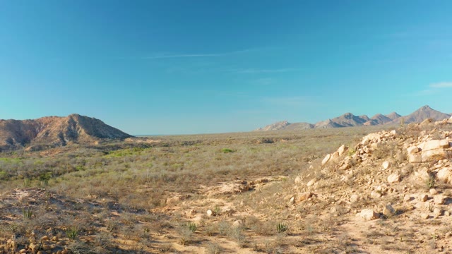 CABO PULMO BCS MEXICO-2021: Desert Landscape with Sparse Vegetation and Distant Mountains
