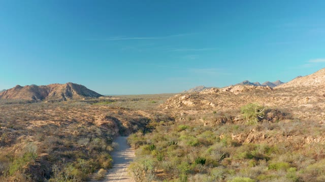 CABO PULMO BCS MEXICO-2021: Desert Trail with Sparse Vegetation and Distant Mountains