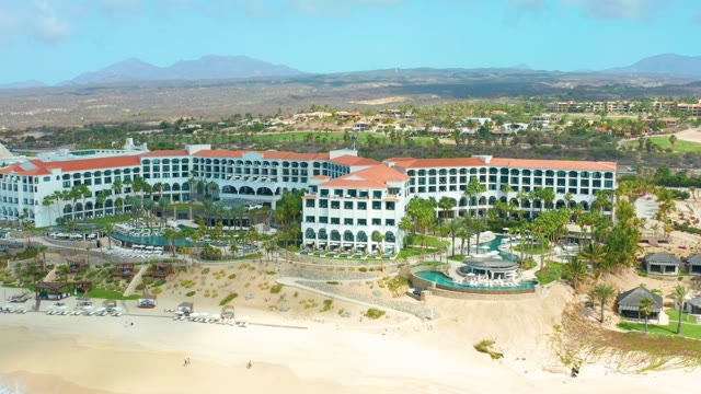 MARQUIS LOS CABOS BCS MEXICO-2021: Aerial Pan of Beach Resort Building and Shoreline