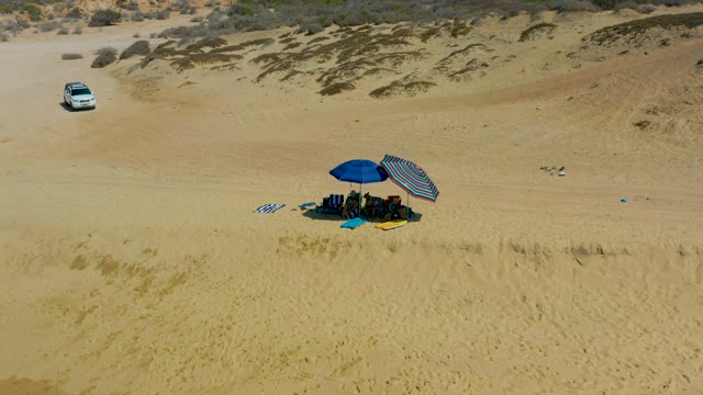 SHIPWRECKS LOS CABOS BCS MEXICO-2021: People Relaxing Under Blue Umbrella on Sandy Beach