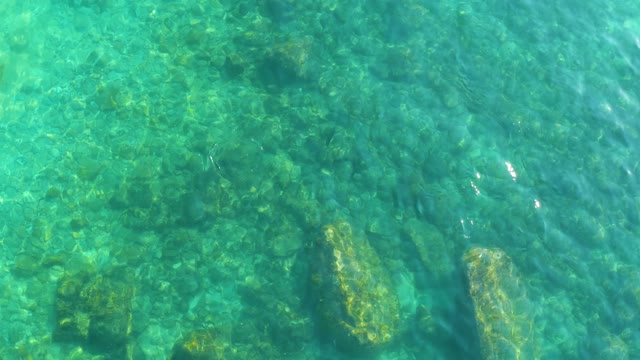 SHIPWRECKS LOS CABOS BCS MEXICO-2021: Underwater Scene of Rocky Seabed in Clear Turquoise Water