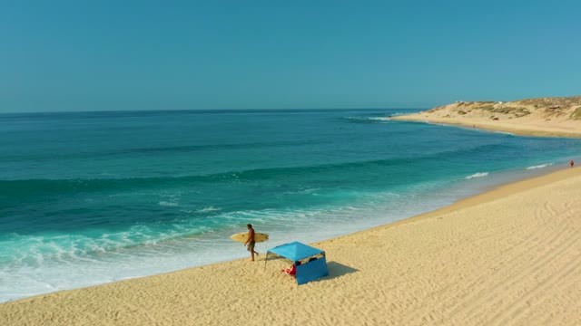 SHIPWRECKS LOS CABOS BCS MEXICO-2021: Surfer Moving Along Sandy Beach near Ocean
