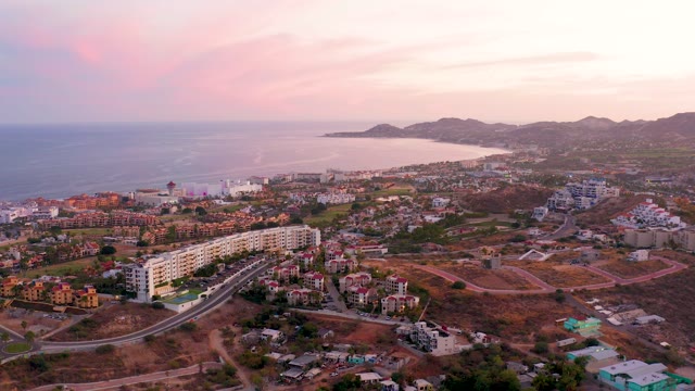 SAN JOSE DEL CABO MEXICO-2021: Coastal Town at Sunset, Aerial Panning View