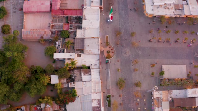 SAN JOSE DEL CABO MEXICO-2021: Aerial Pan of Town Square and Street with Parked Cars