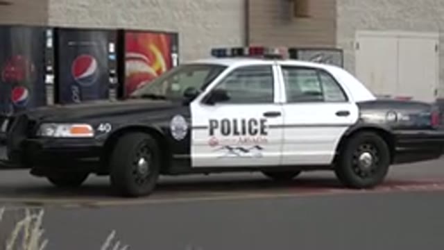 WESTMINSTER COLORADO-2015: A Police Car Sitting Out a Building With a Dead Plant