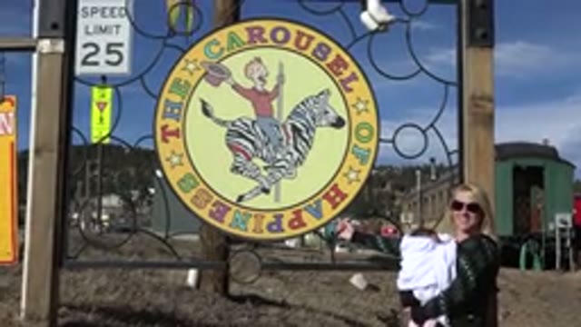NEDERLAND COLORADO-2015: Woman Wearing Black Sweater Stands Near Yellow Carousel