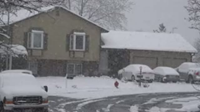 WESTMINSTER COLORADO-2015: Snow Falling on Roof and Road with Vehicles