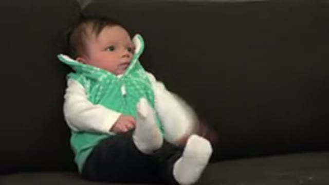 WESTMINSTER COLORADO-2015: Infant Wearing Green and White Vest Sits on Brown Sofa