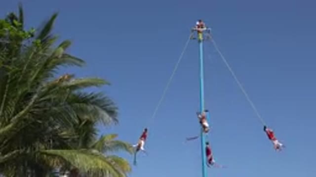 PLAYA DEL CARMEN MEXICO-2015: People Spinning From A Pole At The Beach Side