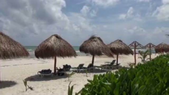 PLAYA DEL CARMEN MEXICO-2015: Beach Beds And Umbrellas On Quiet Shoreline