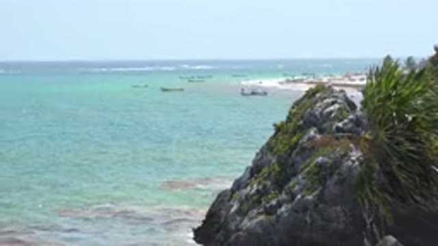 TULUM MEXICO-2015: Beautiful Sea And Ships At Anchor