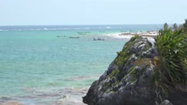 TULUM MEXICO-2015: Beautiful Waves Crashing Against The Coast And Wind