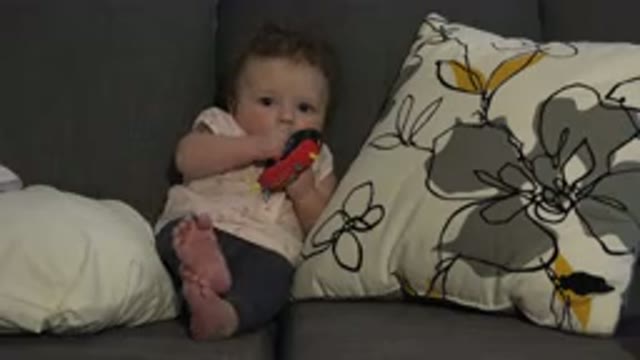 WESTMINSTER COLORADO-2015: Baby Wearing Pink Shirt Sits On Gray Sofa Holding Red Object