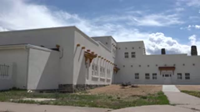 TAOS NEW MEXICO-2015: White Building With Square Windows On A Beautiful Sunny Day