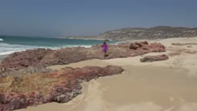 CABO SAN LUCAS MEXICO-2019: A Child in a Purple Shirt Walks Along the Beach