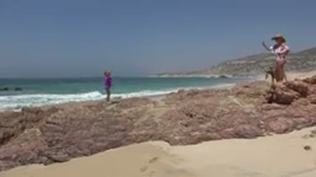 CABO SAN LUCAS MEXICO-2019: Child Running Toward Mother and Dog on Rocky Beach