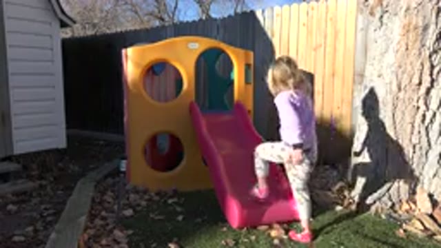 WESTMINSTER COLORADO-2019: A Small Child Climbing Up The Slide Of His Playground
