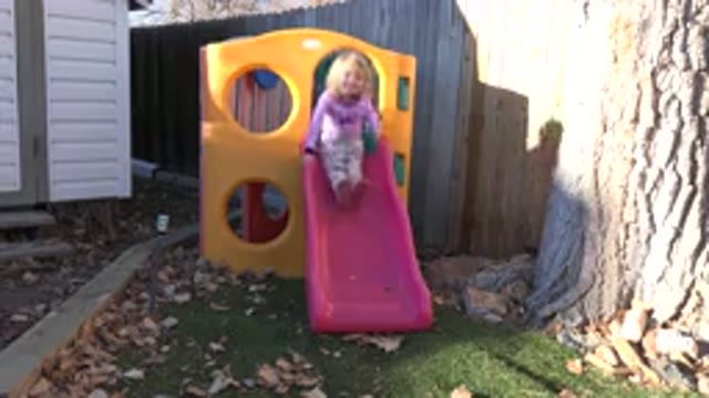 WESTMINSTER COLORADO-2019: Young Blond Girl Playing On A Slide In The Yard