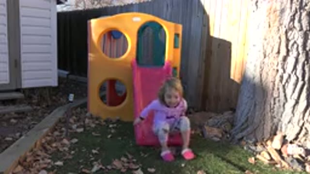 WESTMINSTER COLORADO-2019: Little Girl Takes A Slide And Smiles At The Camera