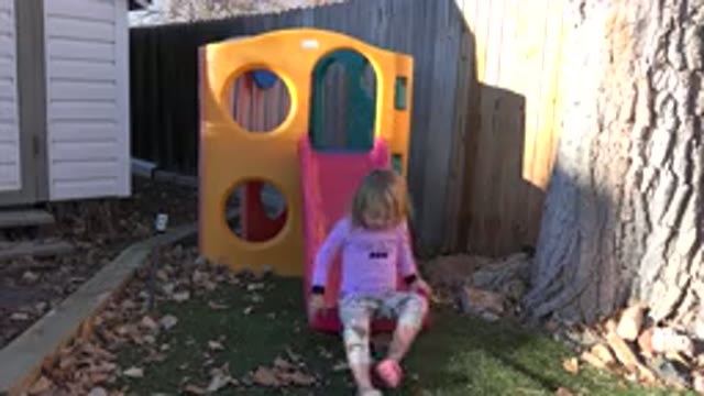 WESTMINSTER COLORADO-2019: Girl Wearing Pink Shirt Slides Down Red Slide Of Playhouse