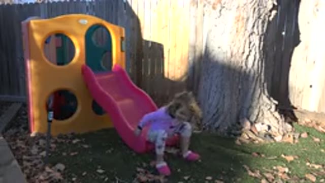 WESTMINSTER COLORADO-2019: Girl Wearing Purple Shirt Slides Down Red Slide