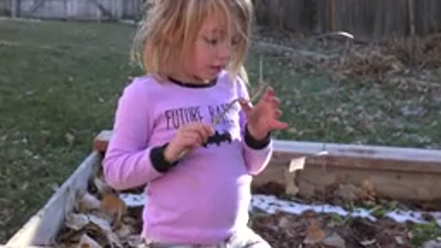 WESTMINSTER COLORADO-2019: Girl Wearing Pink Shirt Holds Small Tan Twig On A
